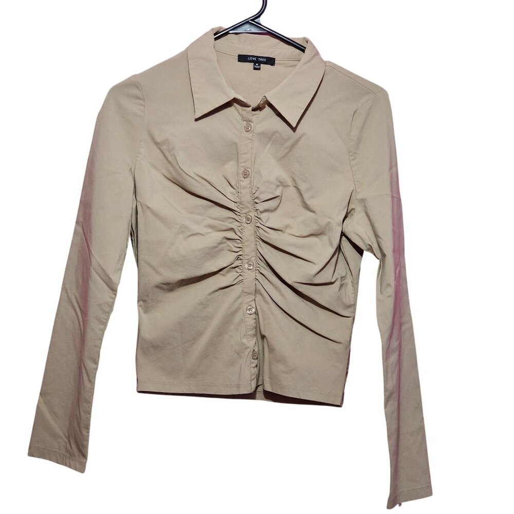 (A1322) Ruched Beige Button-Up Long Sleeve Shirt Womens M Chic Cropped Stylish